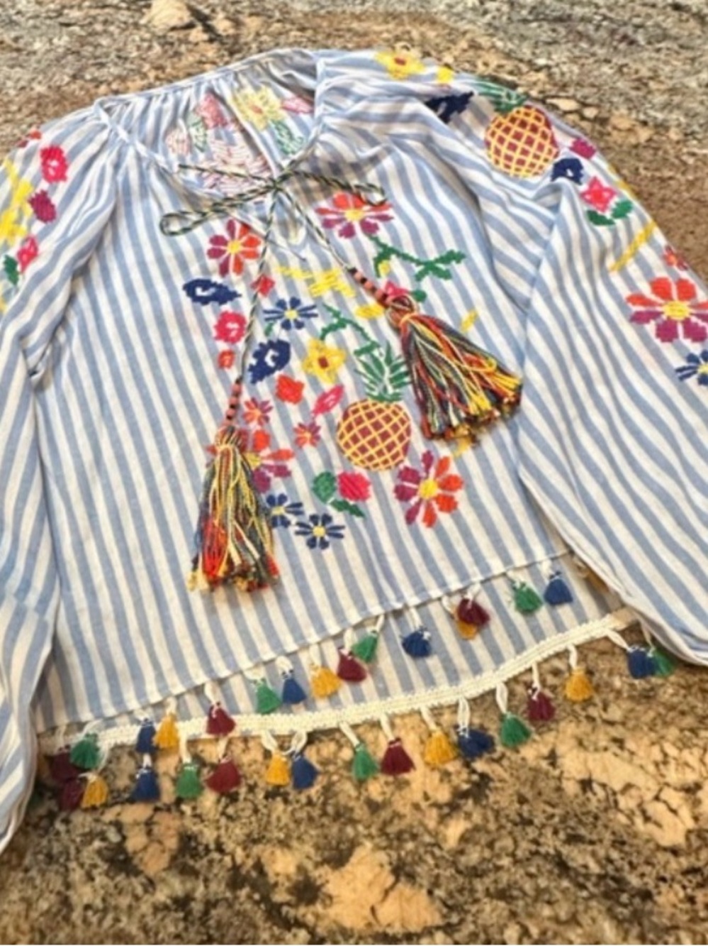 Zara Blue White Striped Embroidered Tassel Peasant Blouse Size M - Picture 3 of 15